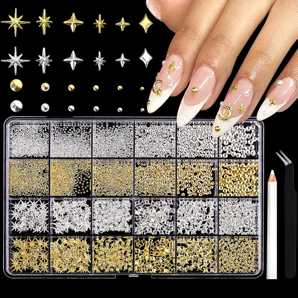 ITPOYOL 3D star charms in gold and silver sparkle nails