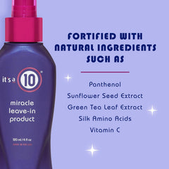It's A 10 Haircare Miracle Leave-In, enfoque en brillo natural y suavidad.