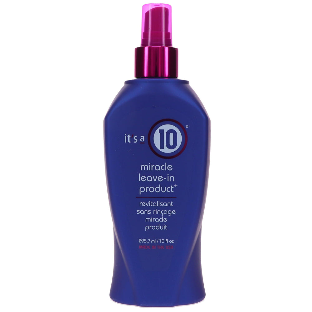 It's a 10 Miracle Leave-In pack side view with crisp branding for trust.