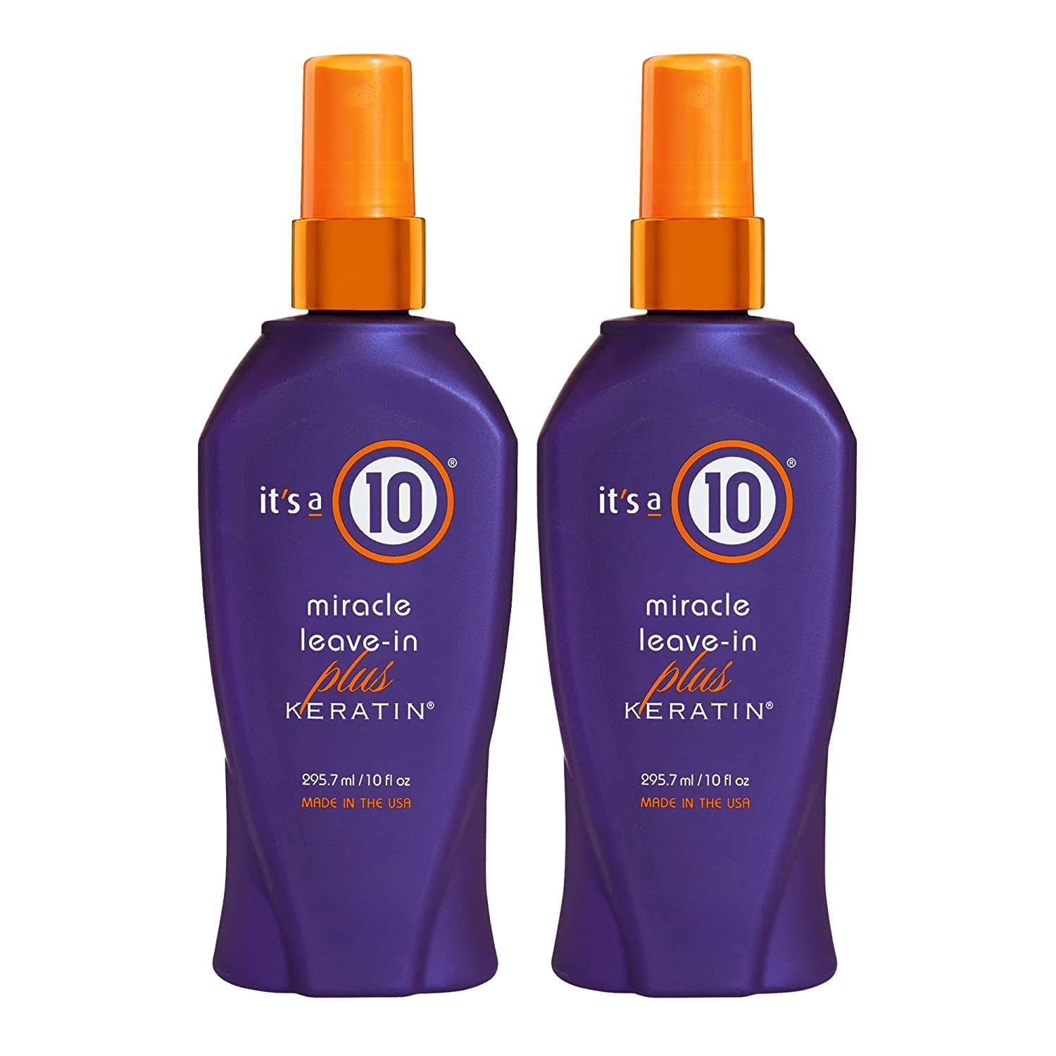 It's a 10 Miracle Leave-In Plus Keratin Spray bottle, detangles hair and protects during styling.
