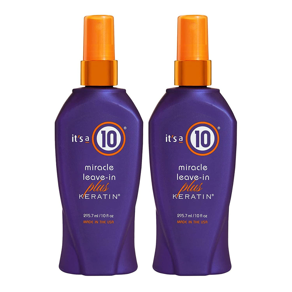 It's a 10 Miracle Leave-In Plus Keratin Spray bottle, detangles hair and protects during styling.