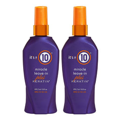 It's a 10 Miracle Leave-In Plus Keratin Spray bottle, detangles hair and protects during styling.