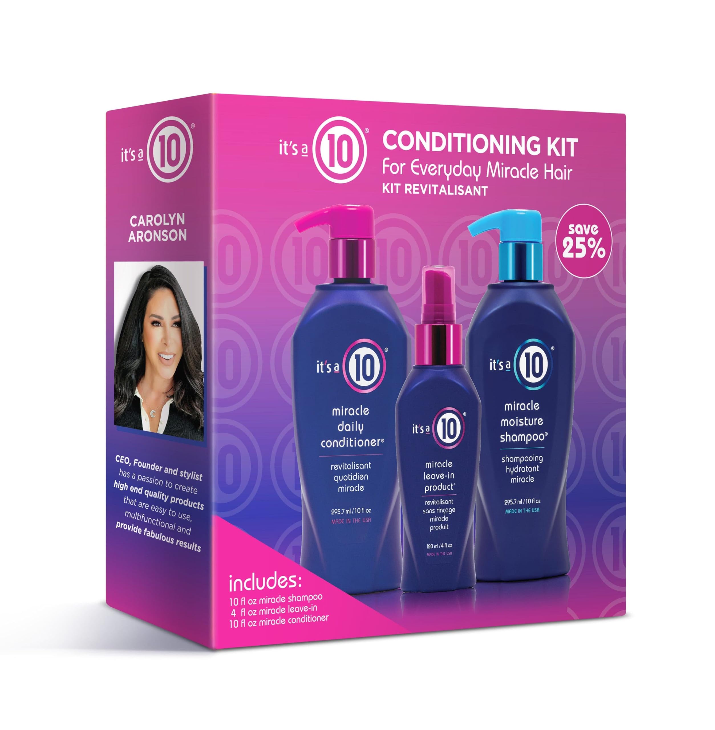 It's a 10 Miracle Conditioning Trio Kit product packshot, highlighting manageability and salon-style results.
