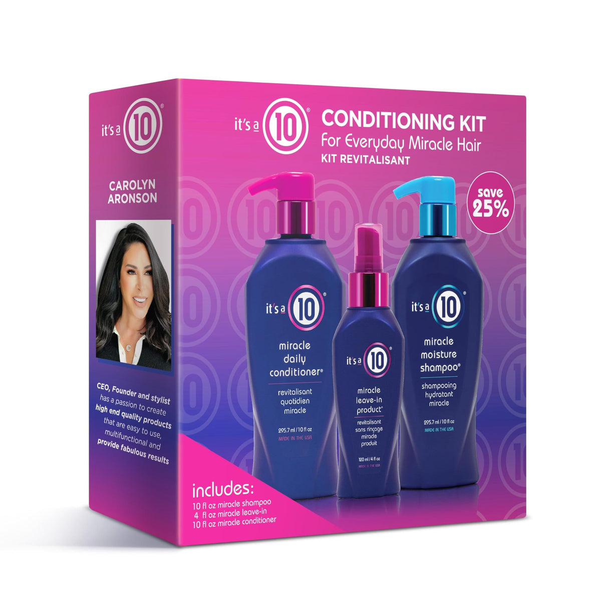 It's a 10 Miracle Conditioning Trio Kit product packshot, highlighting manageability and salon-style results.
