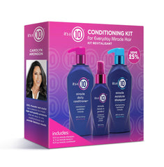 It's a 10 Miracle Conditioning Trio Kit product packshot, highlighting manageability and salon-style results.