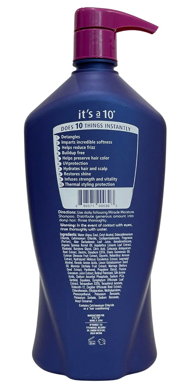 It's A 10 Miracle Daily Conditioner ingredients label close-up highlights nourishing extracts for scalp care.