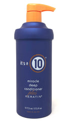 It's A 10 Miracle Deep Conditioner Plus Keratin bottle close-up showing moisture and shine benefits.