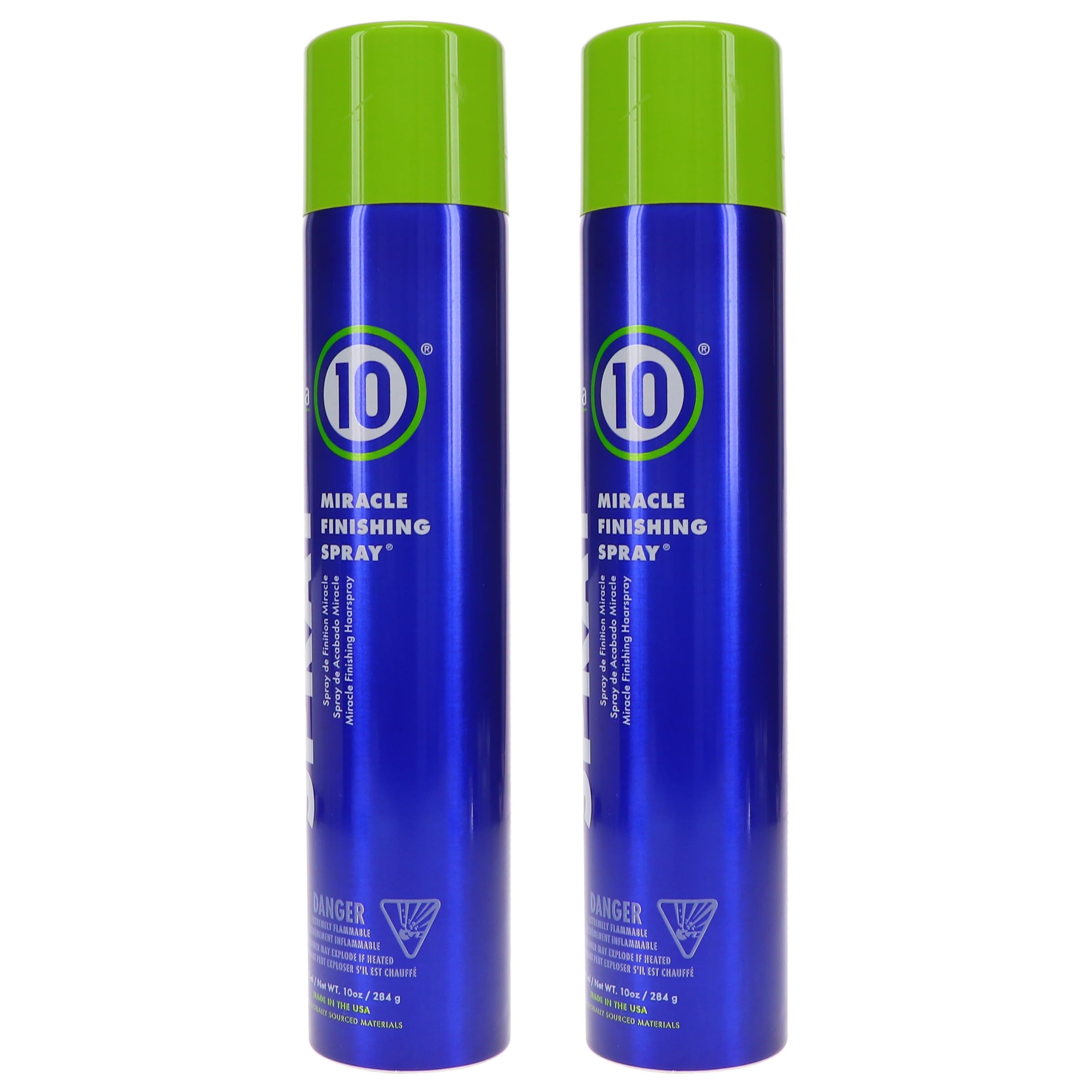 Its a 10 Miracle Finishing Spray 2-pack closeup highlighting the convenient dual-pack for styling.