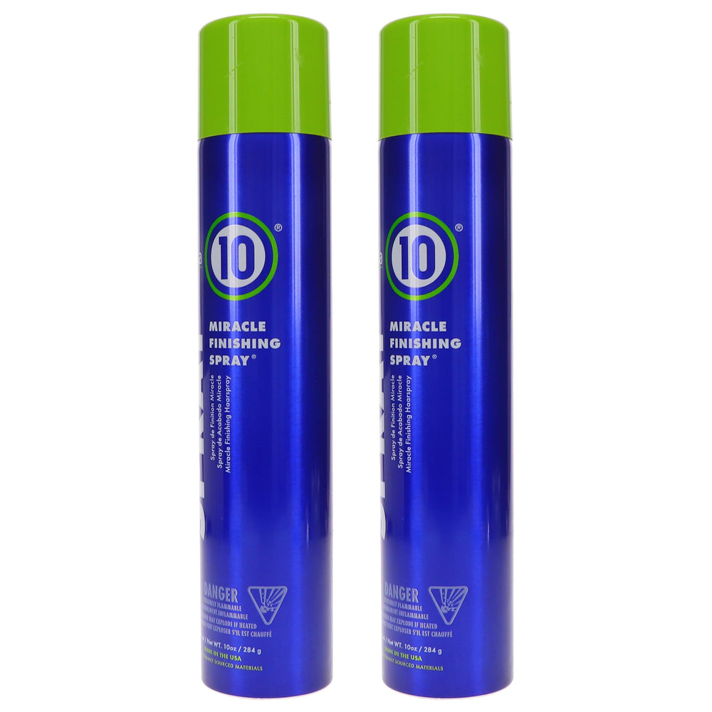 Its a 10 Miracle Finishing Spray 2-pack closeup highlighting the convenient dual-pack for styling.