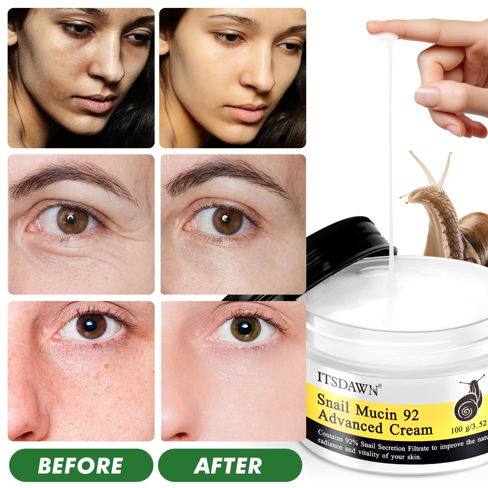 Piel radiante y natural gracias a la crema ITSDAWN 92% de baba de caracol.
