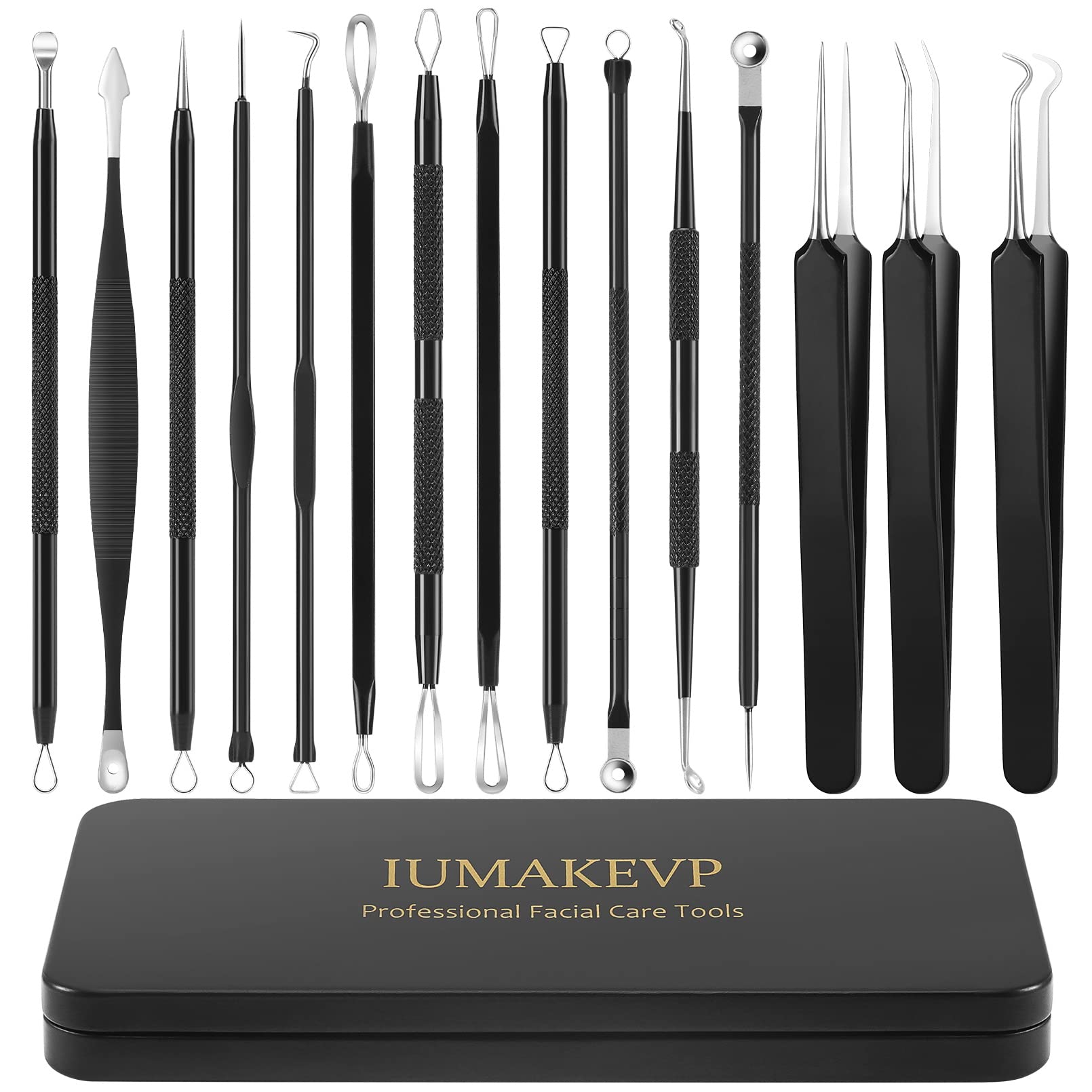 IUMAKEVP 15-piece blackhead remover kit in a metal case for travel