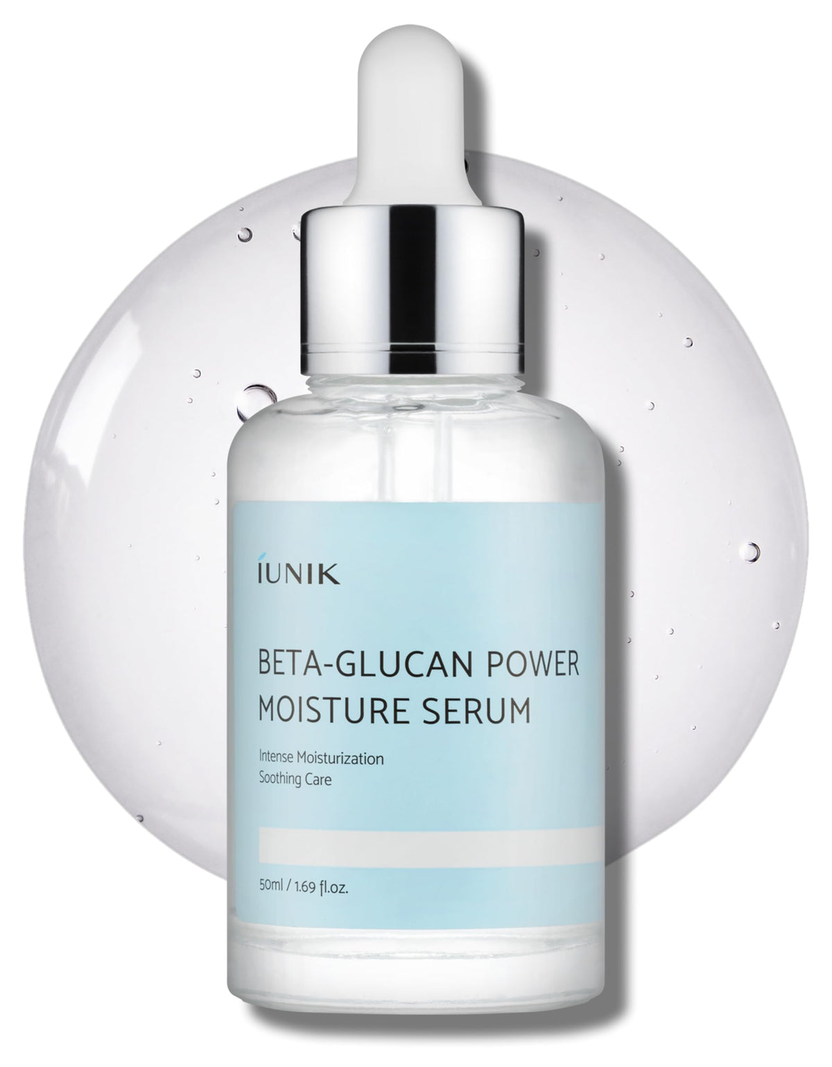 IUNIK Beta-Glucan Power Deep Moisture Serum bottle close-up highlighting hydration potential