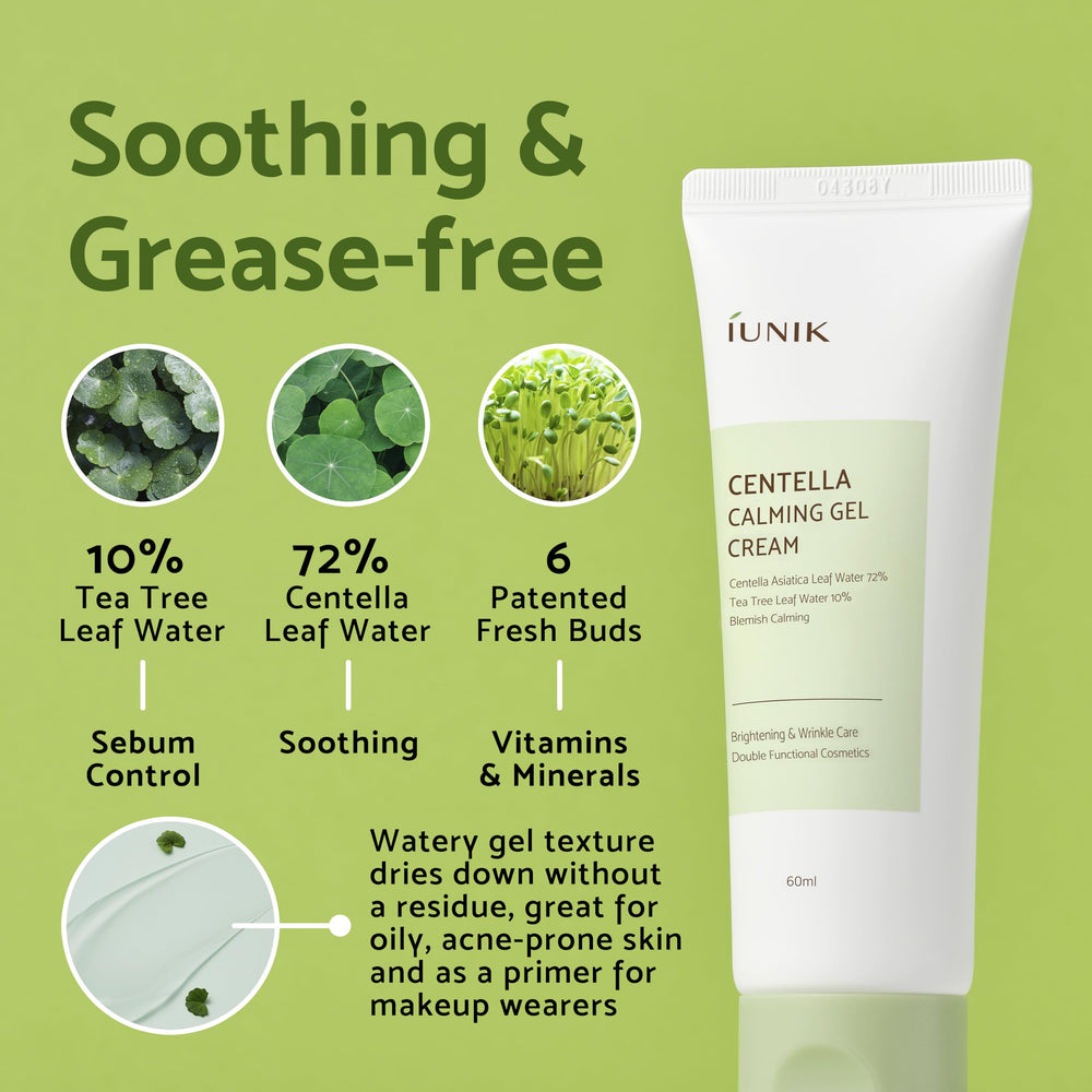 Niacinamide and Adenosine in IUNIK Centella 70% Calming Gel Cream support brightness and firmness.