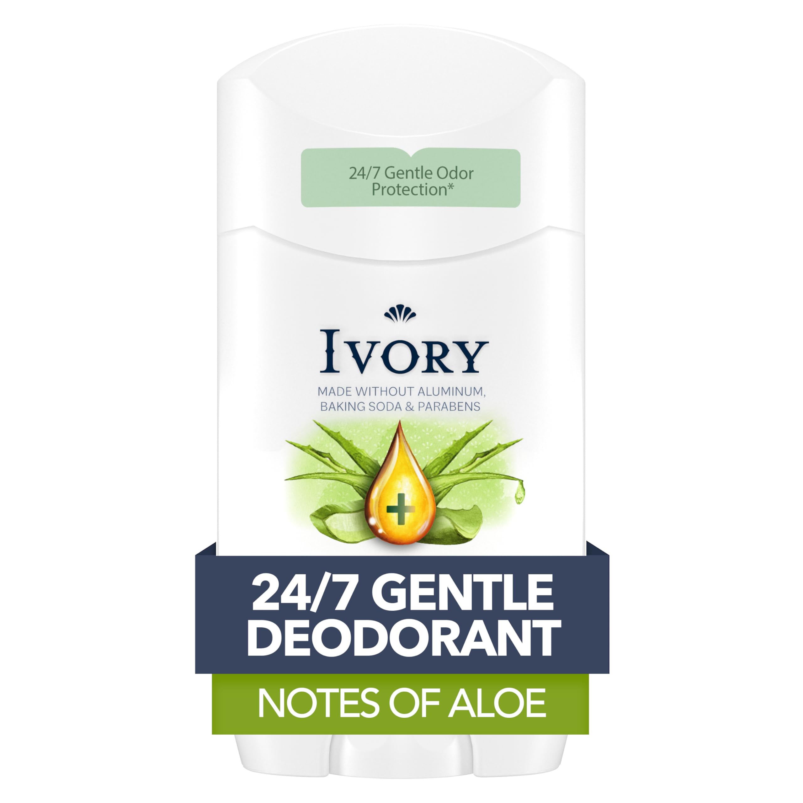 Ivory aluminum-free deodorant bottle highlighting aloe notes for freshness.