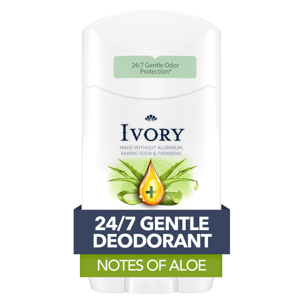 Ivory aluminum-free deodorant bottle highlighting aloe notes for freshness.