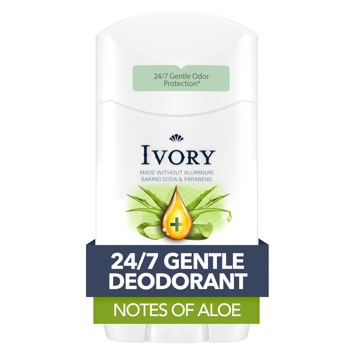 Ivory aluminum-free deodorant bottle highlighting aloe notes for freshness.