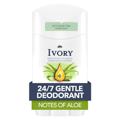 Ivory aluminum-free deodorant bottle highlighting aloe notes for freshness.