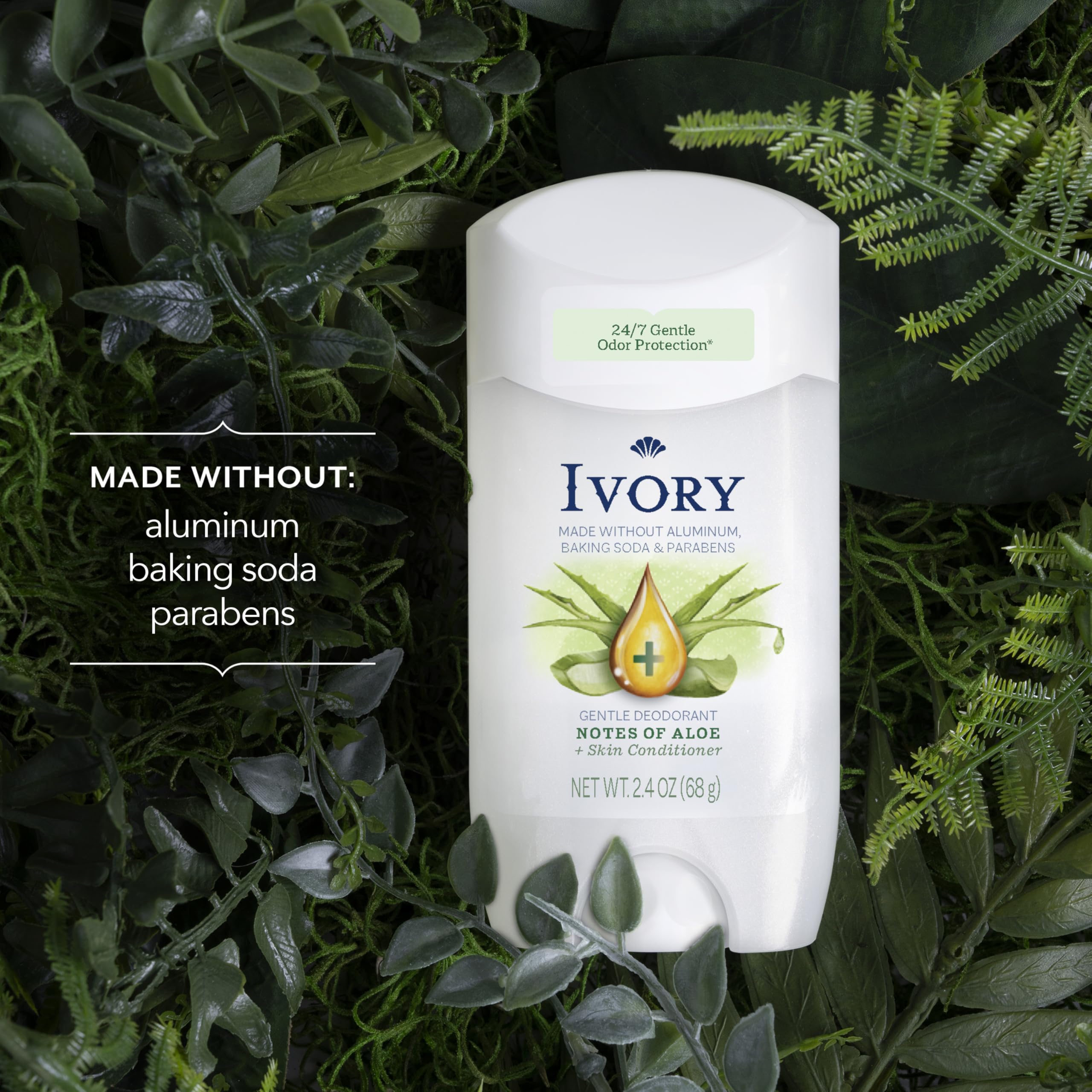 Ivory deodorant packaging close-up shows clean, aluminum-free formula.