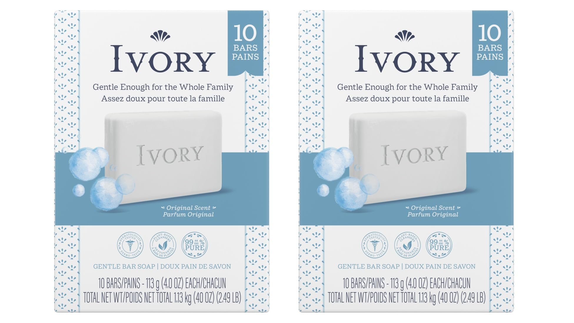 Jabón Ivory original en barra de 113 g, suave para piel sensible.