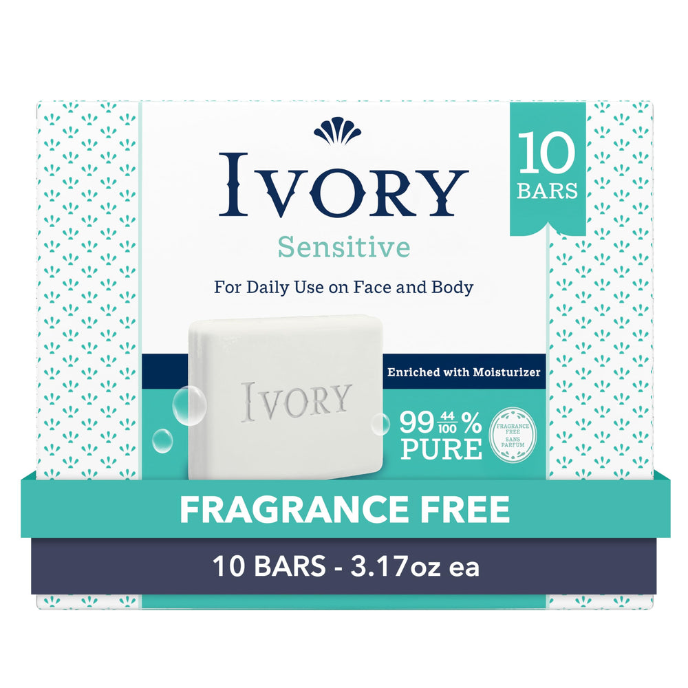 Ivory Barra Sensible con envase claro, limpieza suave para toda la familia.