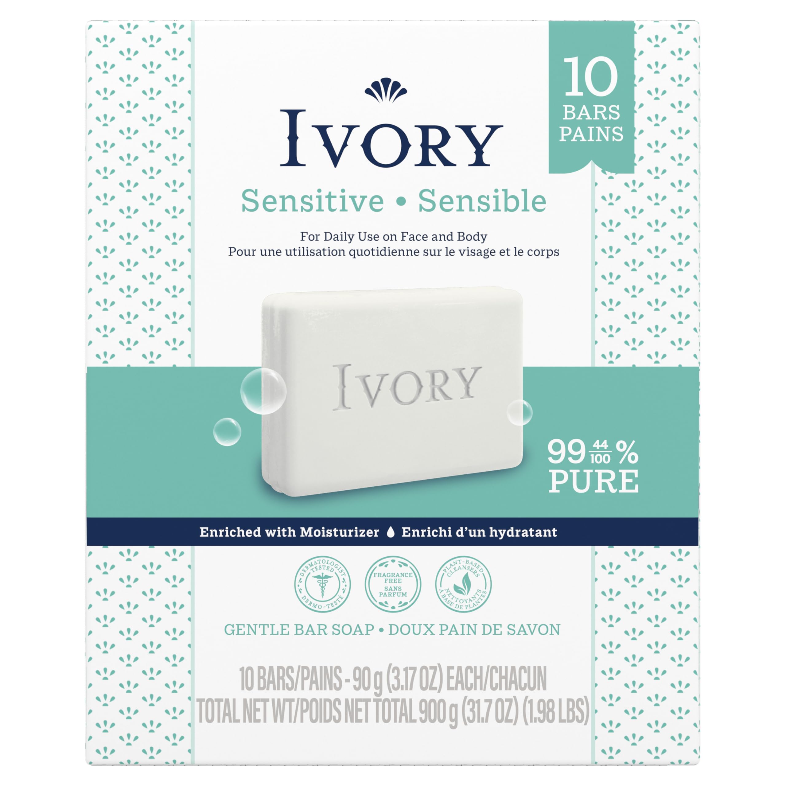 Ivory Barra Sensible, sin perfume fuerte para piel sensible.