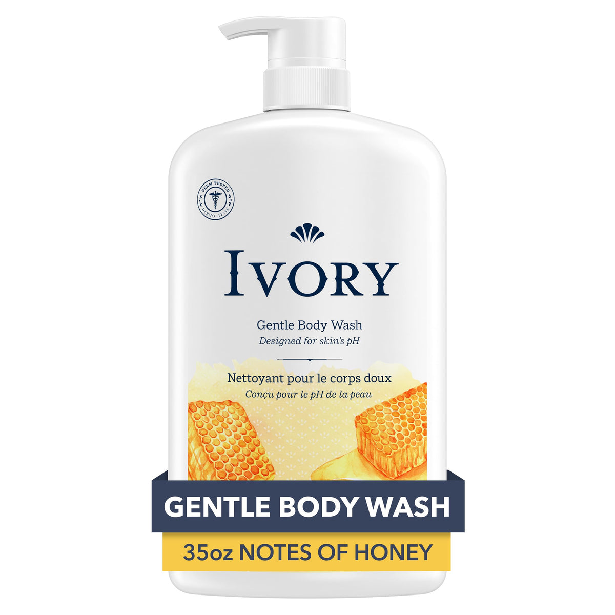Ivory Gentle Body Wash bottle showing a dyes-free formula for sensitive skin.