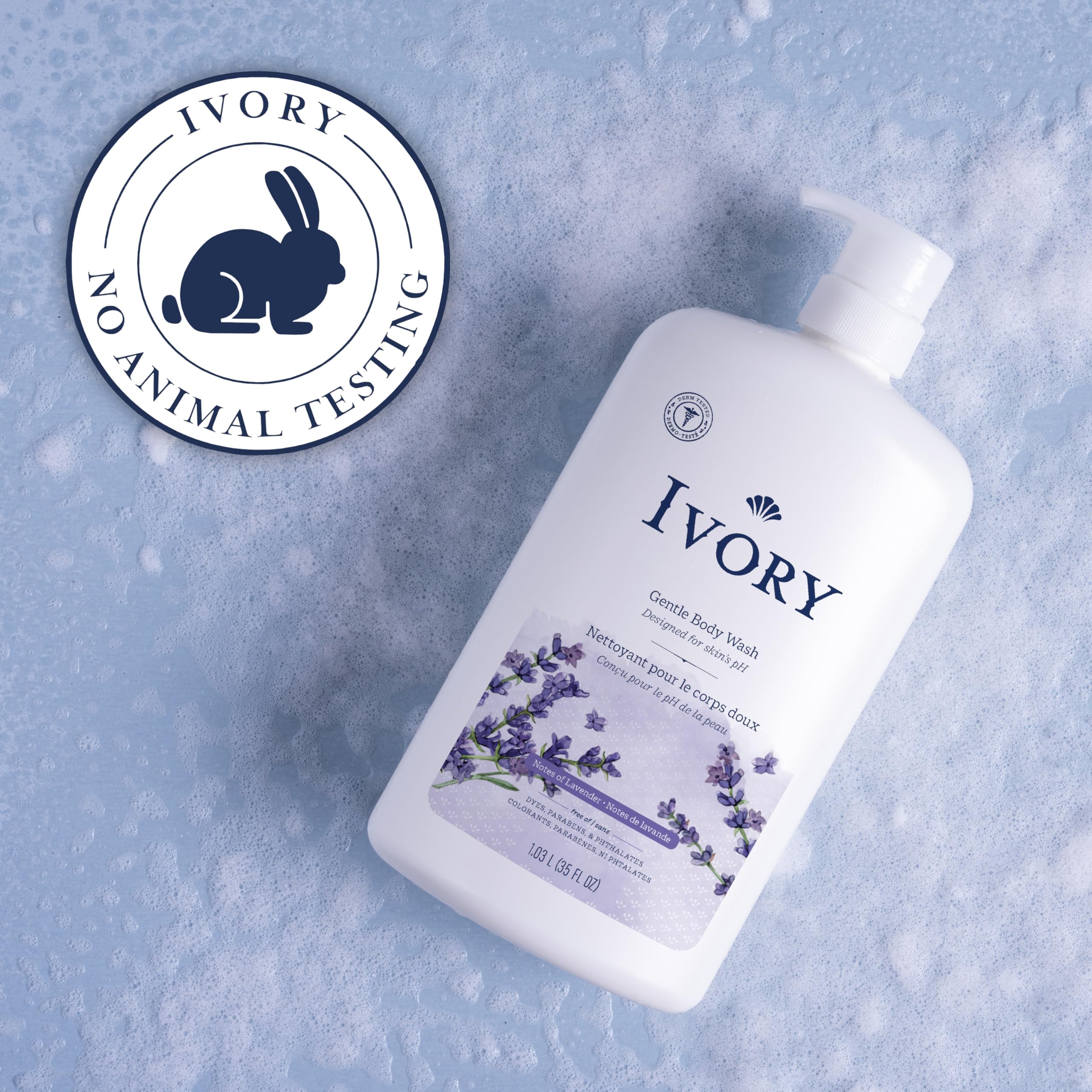Ivory Body Wash lavender-scent bottle highlighting soothing aroma.