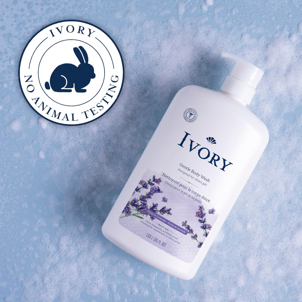 Ivory Body Wash lavender-scent bottle highlighting soothing aroma.