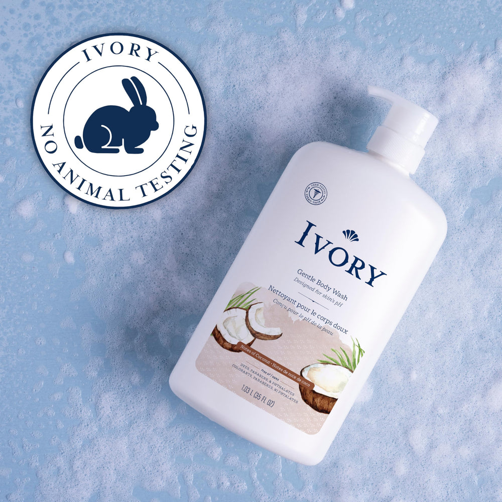 Ivory Body Wash pH-balanced-cleanse visual suggests gentle, balanced wash.