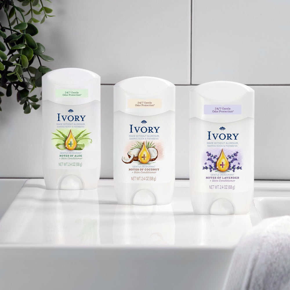 Ivory deodorant ingredients label; aluminum-free and paraben-free.