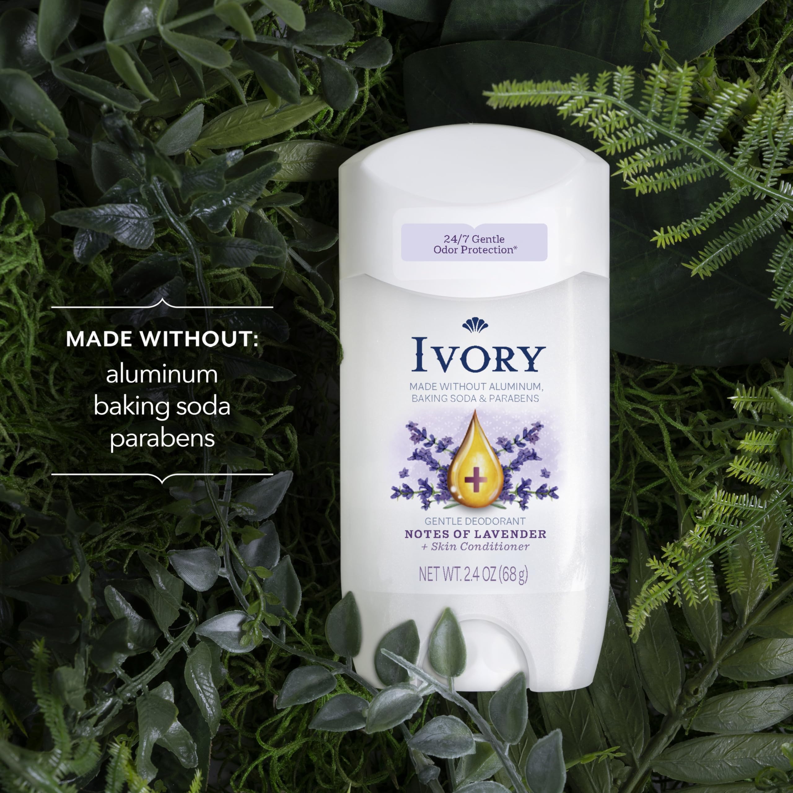 Ivory lavender deodorant cap close-up; gentle protection without baking soda.