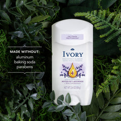 Ivory lavender deodorant cap close-up; gentle protection without baking soda.