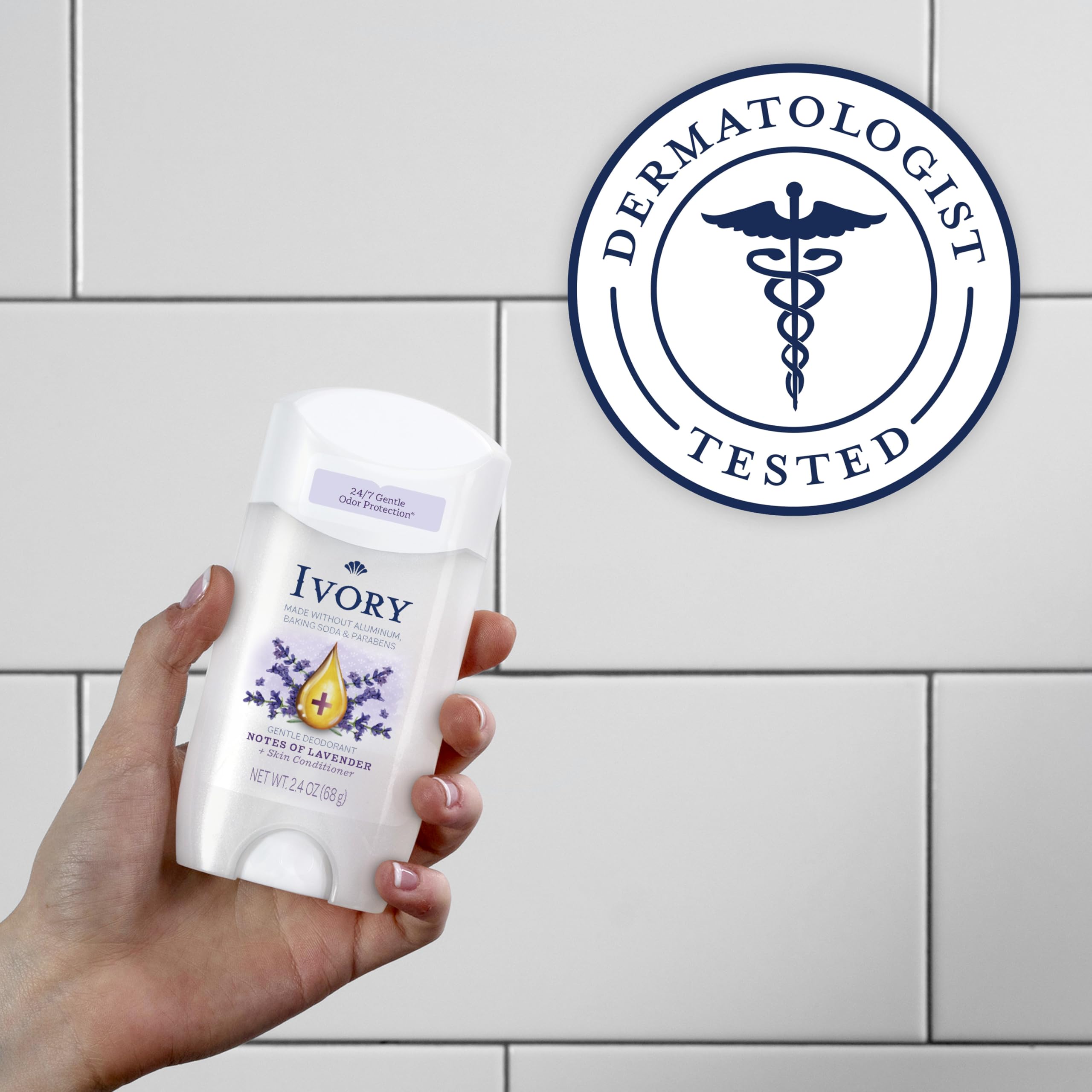 Ivory lavender deodorant texture; plant-based conditioner for lasting comfort.