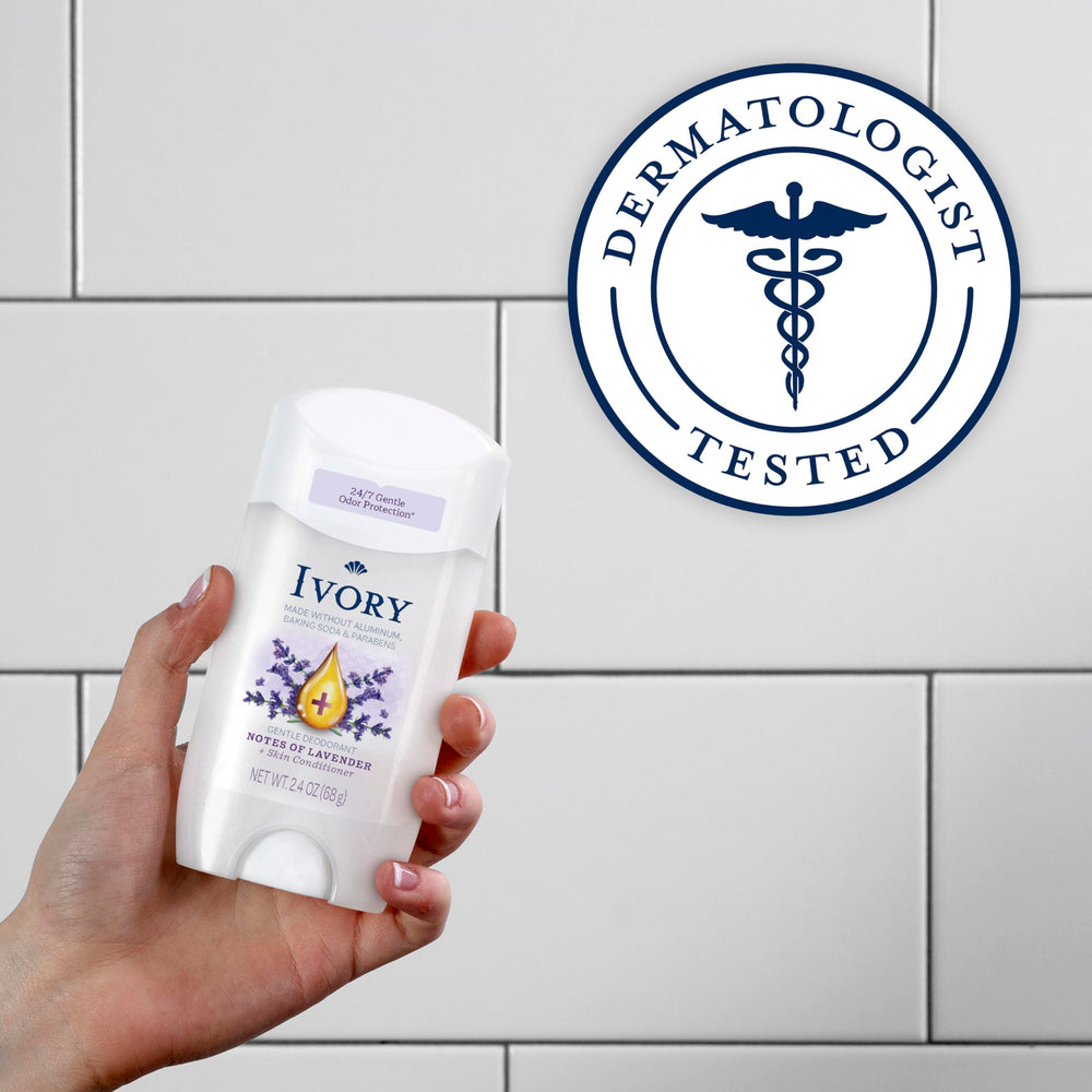 Ivory lavender deodorant texture; plant-based conditioner for lasting comfort.