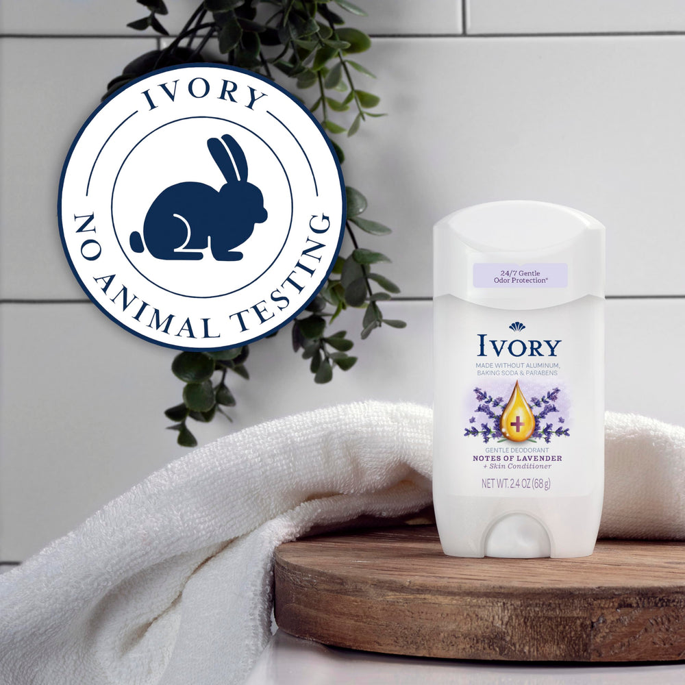 Ivory deodorant six-pack box with lavender theme for daily use.