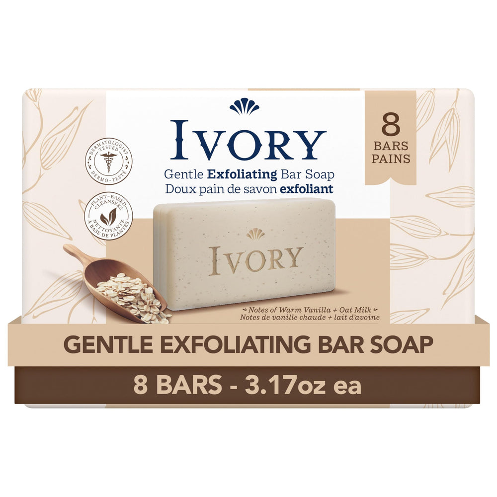 Ivory Exfoliating Bar with apricot seeds offers gentle daily scrubbing.