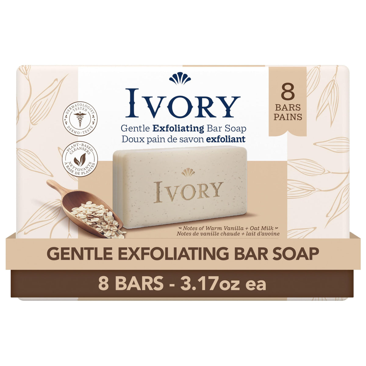 Ivory Exfoliating Bar with apricot seeds offers gentle daily scrubbing.