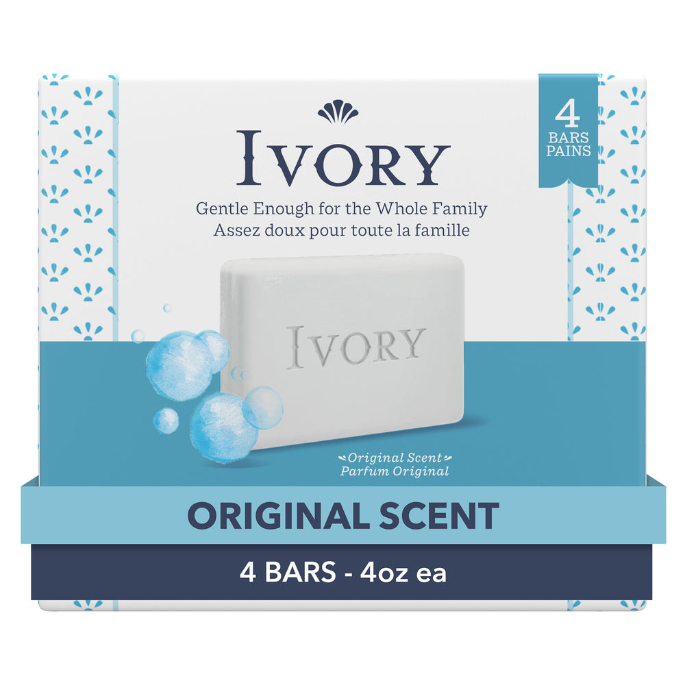 Ivory Gentle Bath Bar Soap packaging shows Original Scent for family-friendly cleansing.