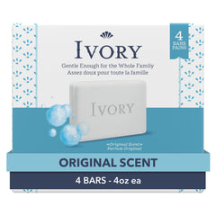 Ivory Gentle Bath Bar Soap packaging shows Original Scent for family-friendly cleansing.
