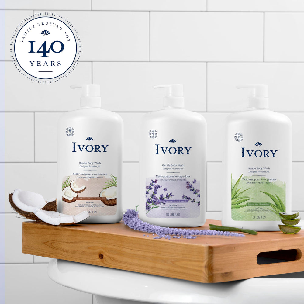 Ivory Gentle Body Wash aloe-scent closeup suggests fresh fragrance for comfortable showers.