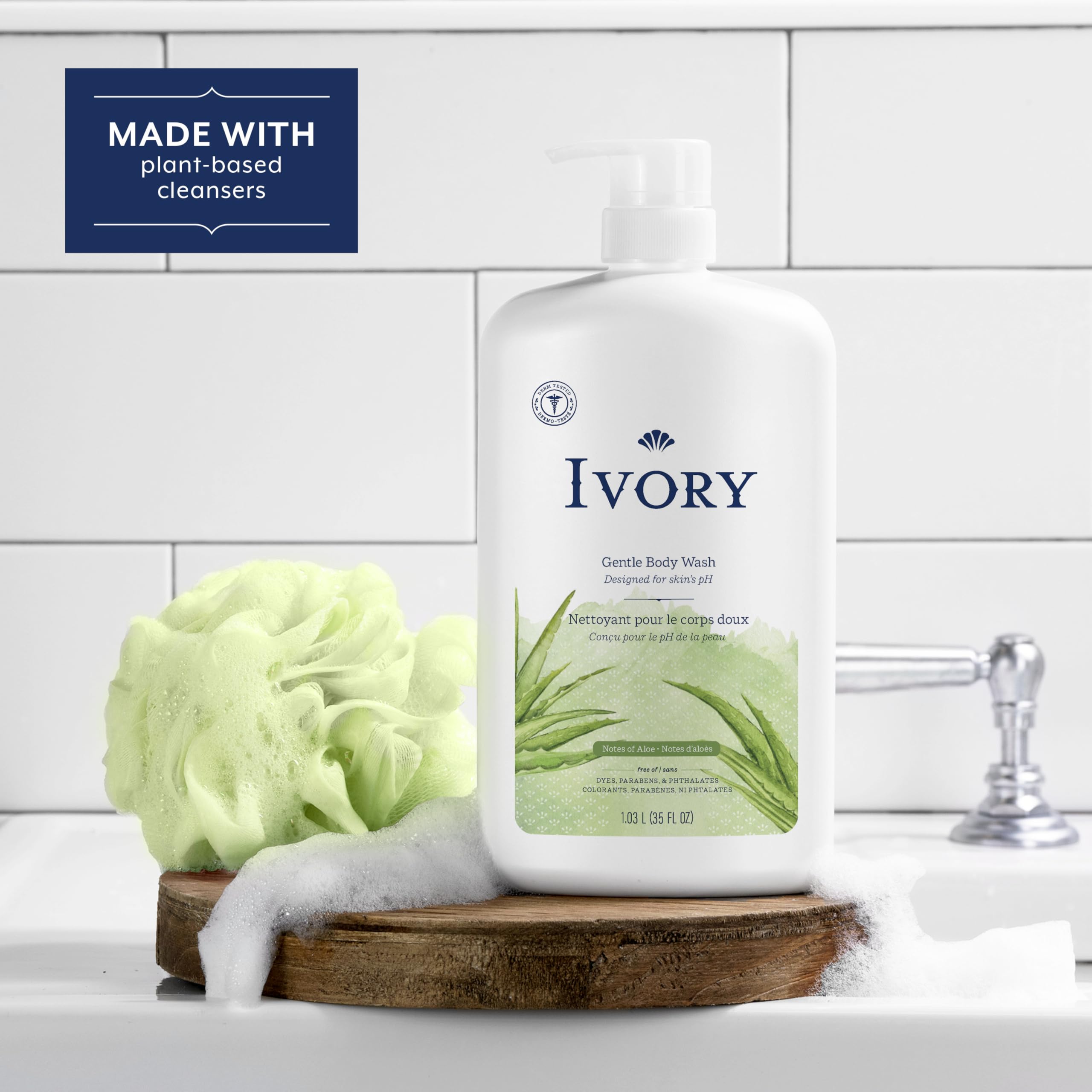 Ivory Gentle Body Wash foam highlights mild cleansing suitable for sensitive skin.