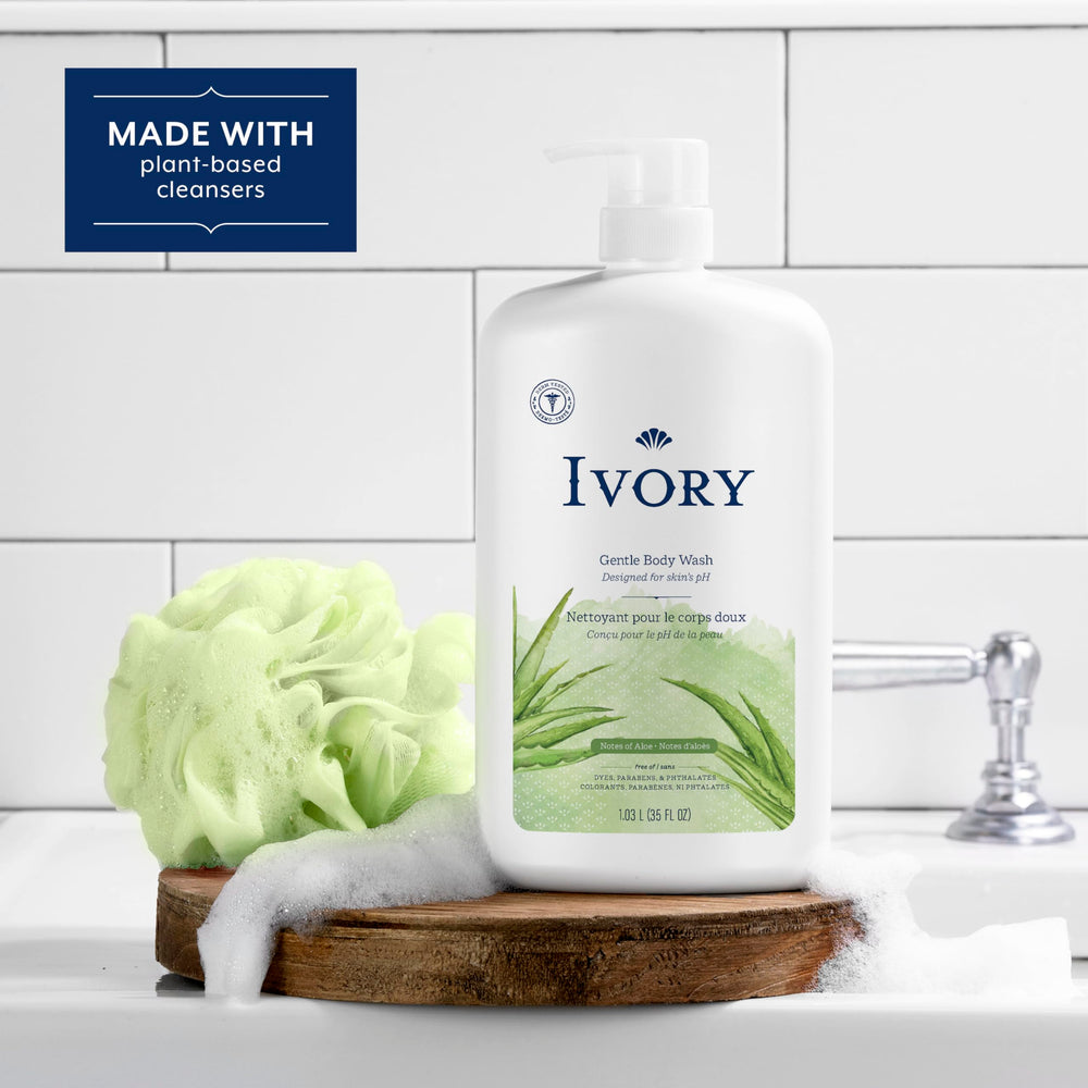 Ivory Gentle Body Wash foam highlights mild cleansing suitable for sensitive skin.