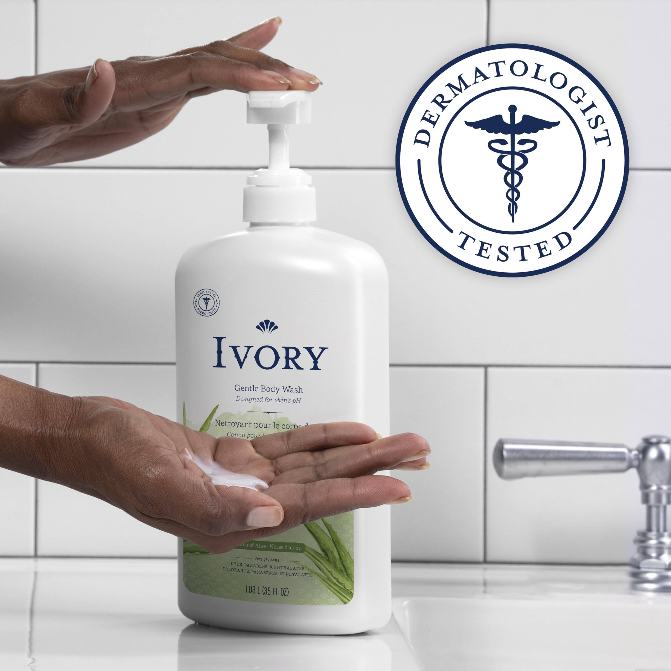 Ivory Gentle Body Wash pour captures easy, controlled dispensing for quick routines.