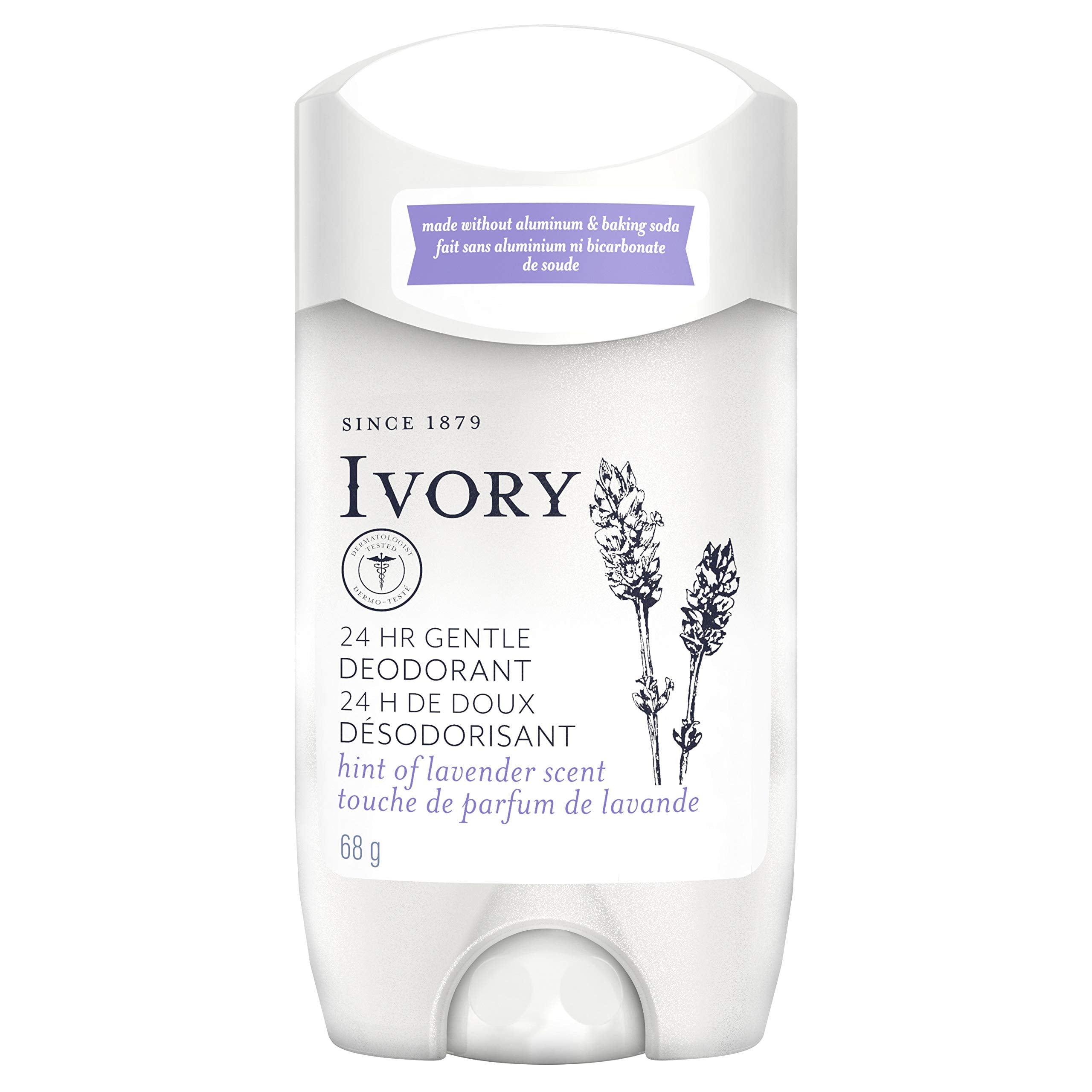 Ivory Gentle Lavender deodorant stick with a smooth glide for all-day freshness.
