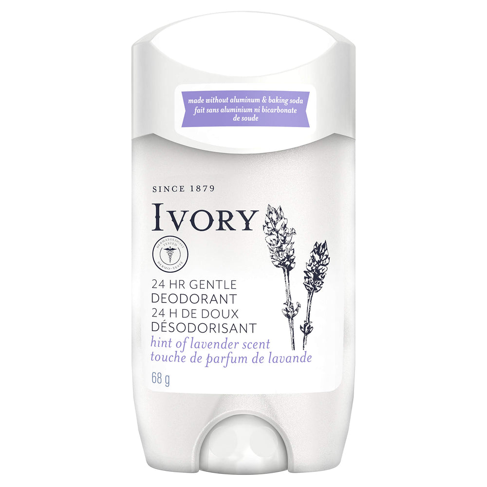 Ivory Gentle Lavender deodorant stick with a smooth glide for all-day freshness.