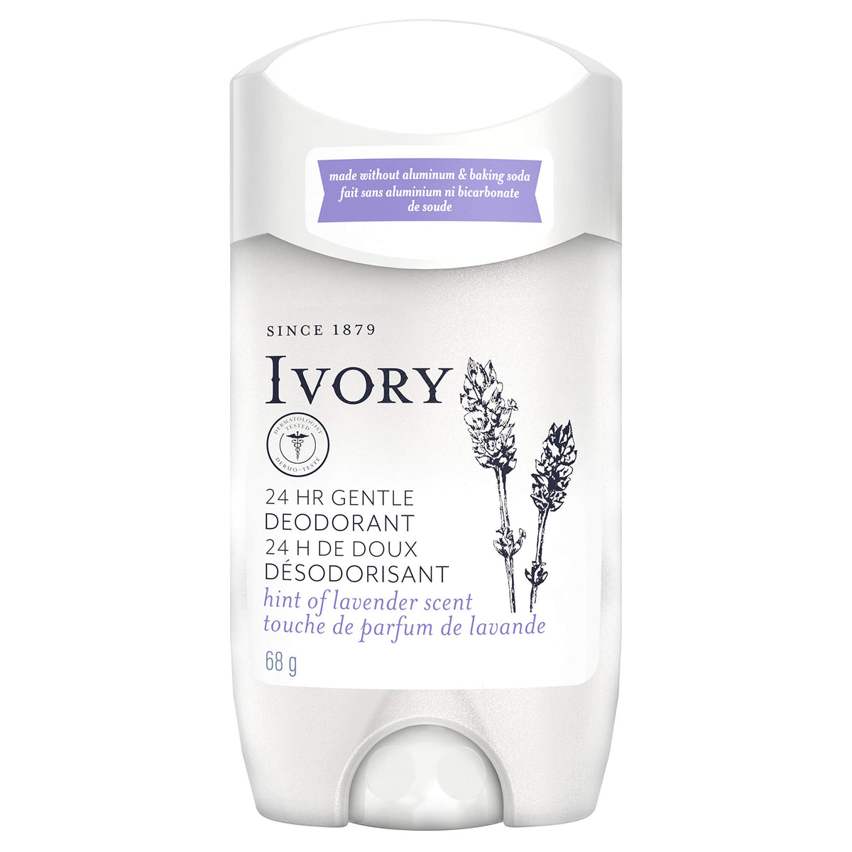 Ivory Gentle Lavender deodorant stick with a smooth glide for all-day freshness.