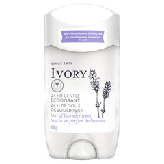 Ivory Gentle Lavender deodorant stick with a smooth glide for all-day freshness.