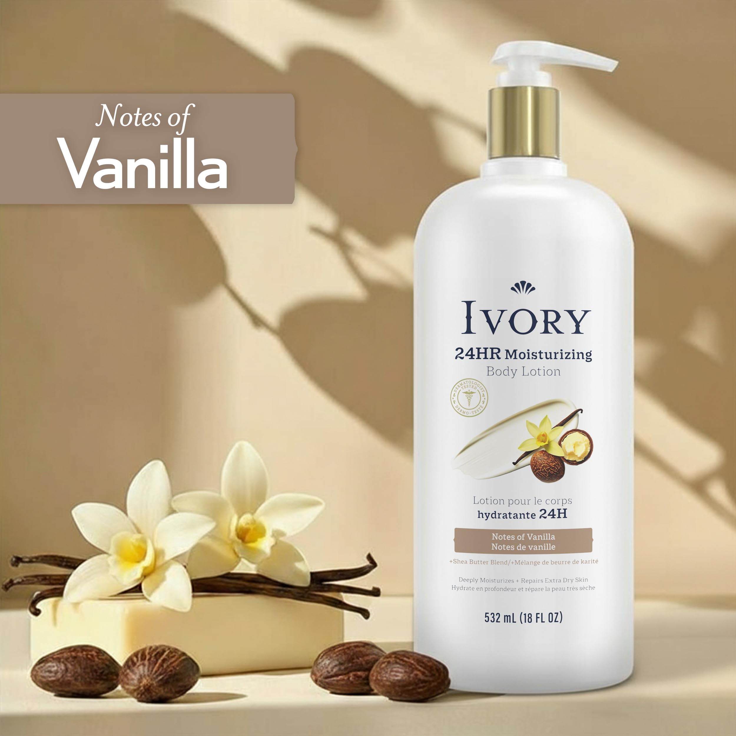 Ivory Hand & Body Lotion with Shea Butter Blend delivers deep, lasting moisturization.