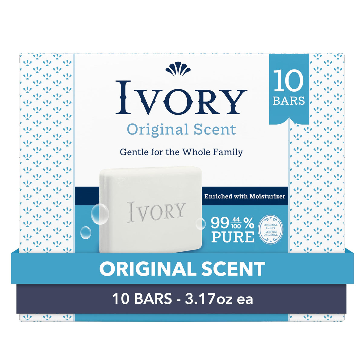 Ivory Jabón en barra, diseño clásico, ideal para uso diario en toda la familia.
