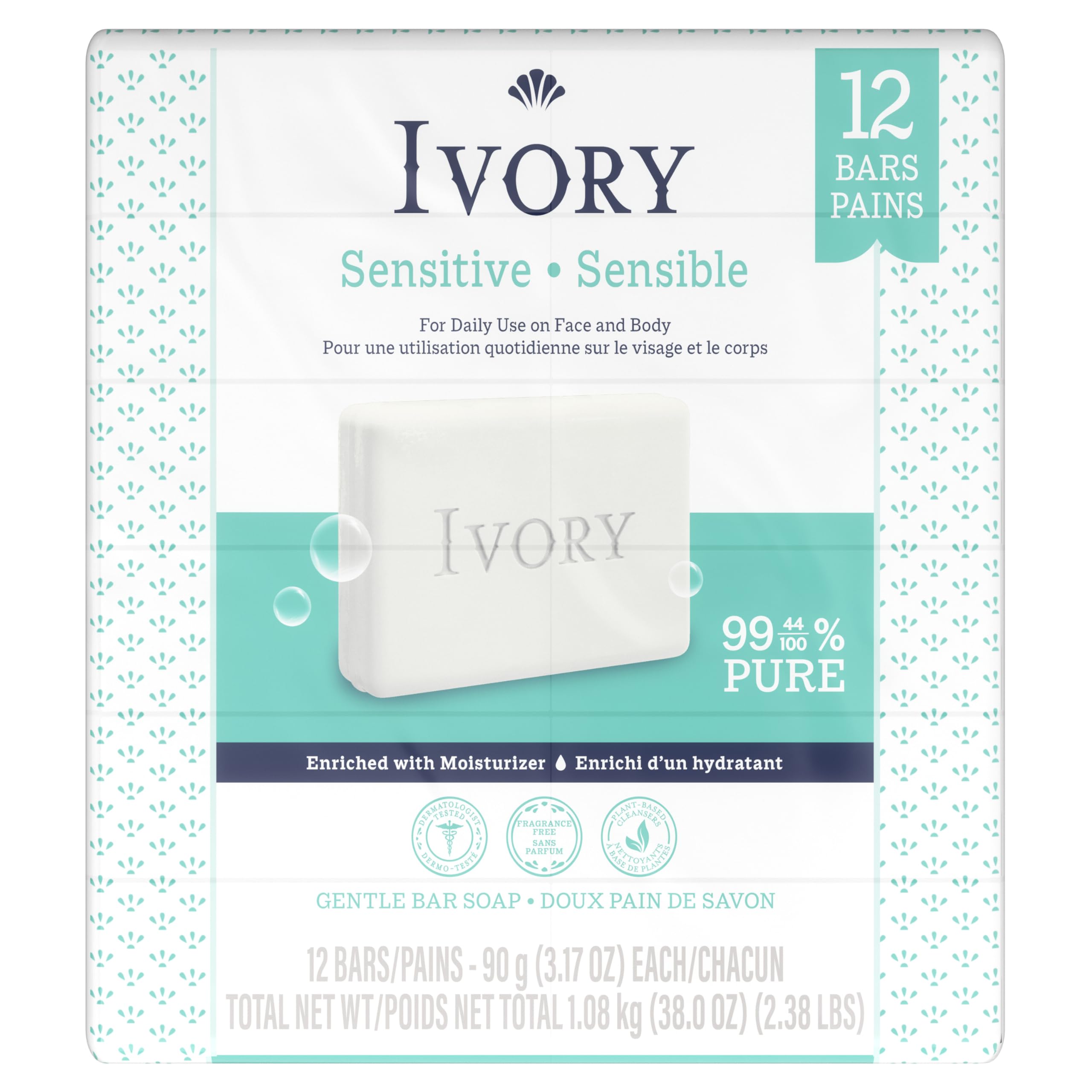 Ivory Jabón Sensible barra para toda la familia, lavado suave